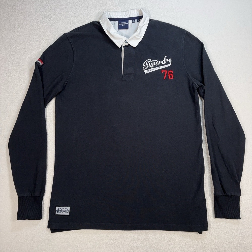 Superdry Rugby Polo Men's M Washed Black 100% Cotton Embroidered Tokyo Japan 76